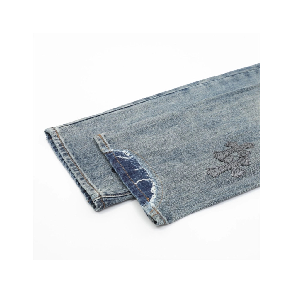 Chrome Hearts Cross Leather Patch Distressed Denim Trousers