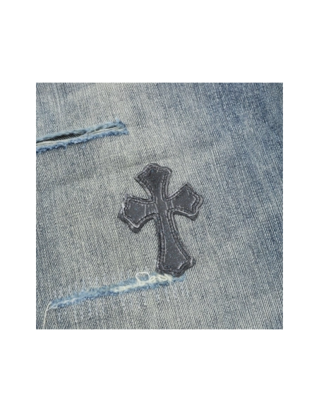 Chrome Hearts Cross Leather Patch Distressed Denim Trousers
