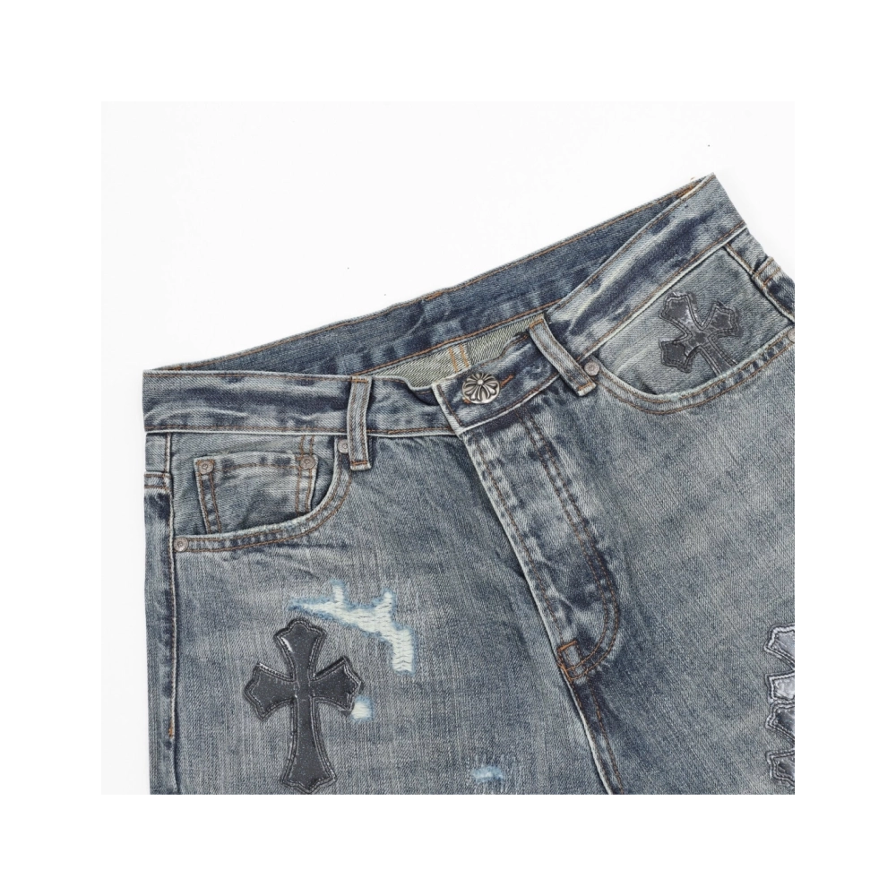 Chrome Hearts Cross Leather Patch Distressed Denim Trousers