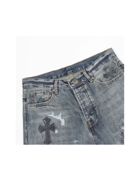 Chrome Hearts Cross Leather Patch Distressed Denim Trousers