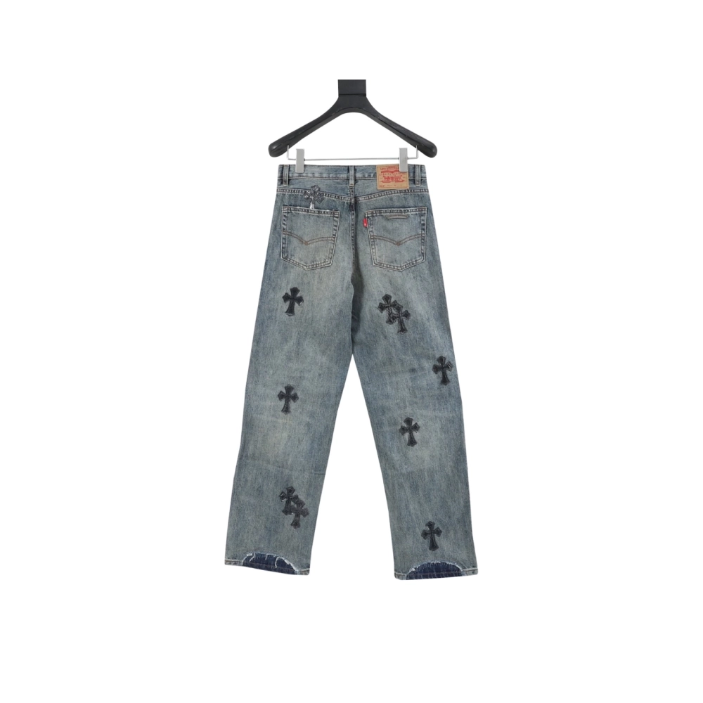 Chrome Hearts Cross Leather Patch Distressed Denim Trousers