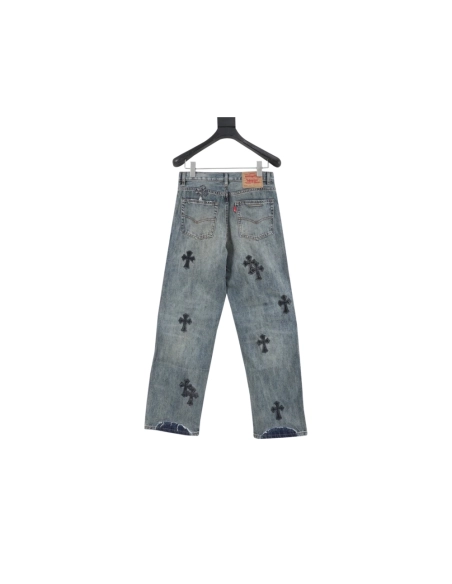 Chrome Hearts Cross Leather Patch Distressed Denim Trousers