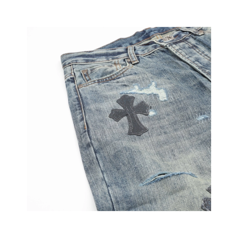 Chrome Hearts Cross Leather Patch Distressed Denim Trousers