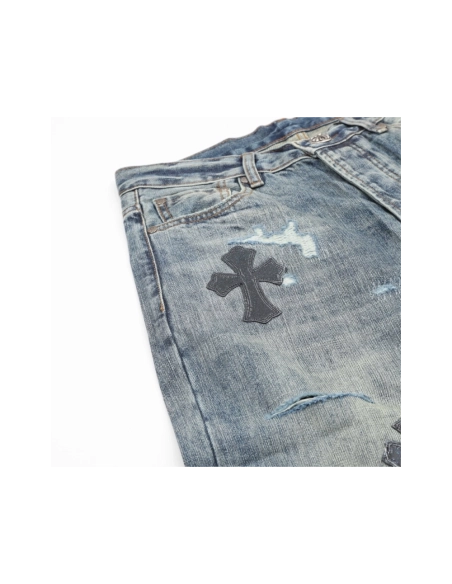 Chrome Hearts Cross Leather Patch Distressed Denim Trousers