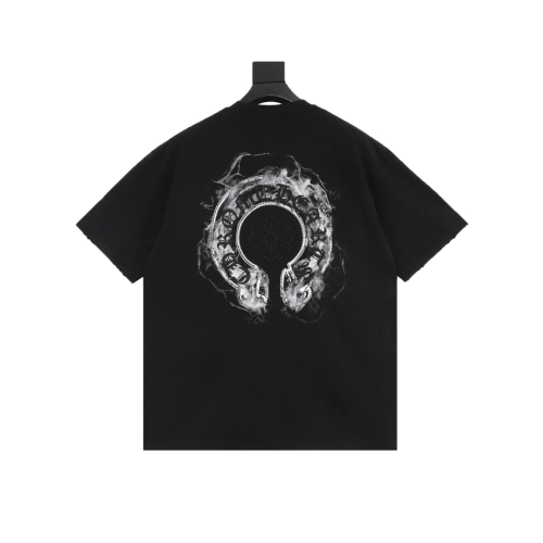 Chrome Hearts Horseshoe Embroidery Smoke Splatter Distressed Short Sleeve 011