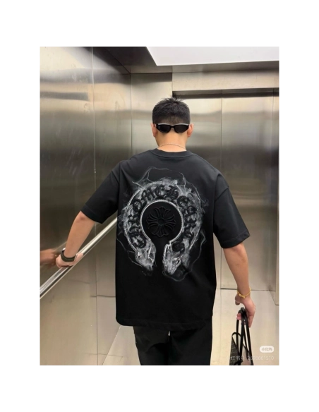 Chrome Hearts Horseshoe Embroidery Smoke Splatter Distressed Short Sleeve 011