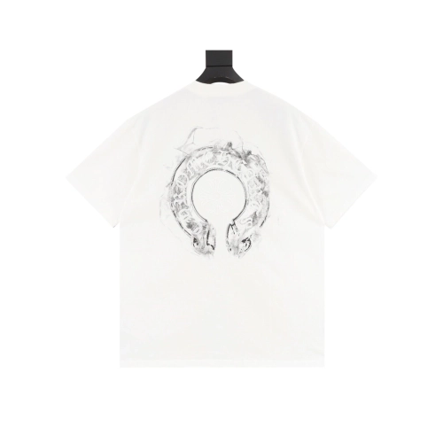 Chrome Hearts Horseshoe Embroidery Smoke Splatter Distressed Short Sleeve 012