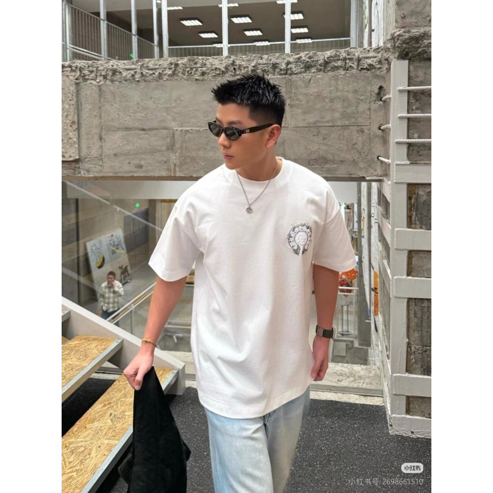 Chrome Hearts Horseshoe Embroidery Smoke Splatter Distressed Short Sleeve 012