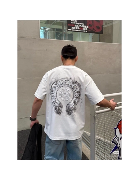 Chrome Hearts Horseshoe Embroidery Smoke Splatter Distressed Short Sleeve 012