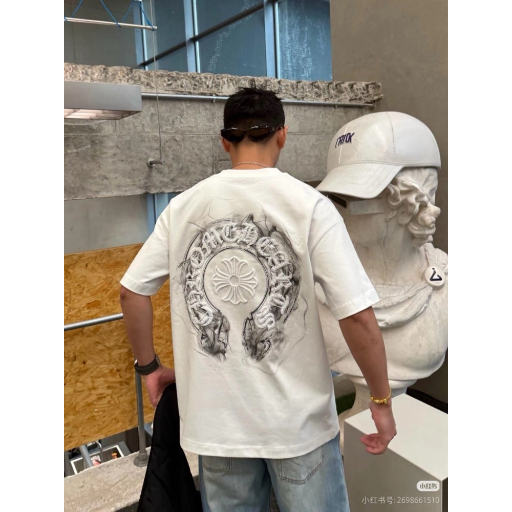 Chrome Hearts Horseshoe Embroidery Smoke Splatter Distressed Short Sleeve 012
