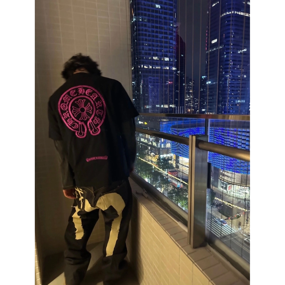 Chrome Hearts Pink Horseshoe Cross Print Short Sleeve 116