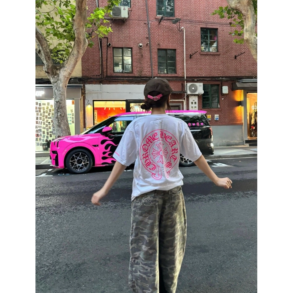 Chrome Hearts Pink Horseshoe Cross Print Short Sleeve 117