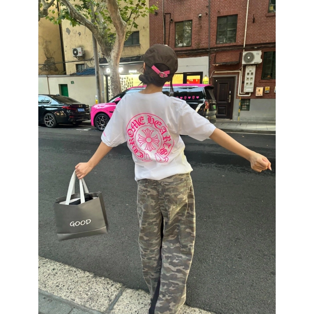 Chrome Hearts Pink Horseshoe Cross Print Short Sleeve 117