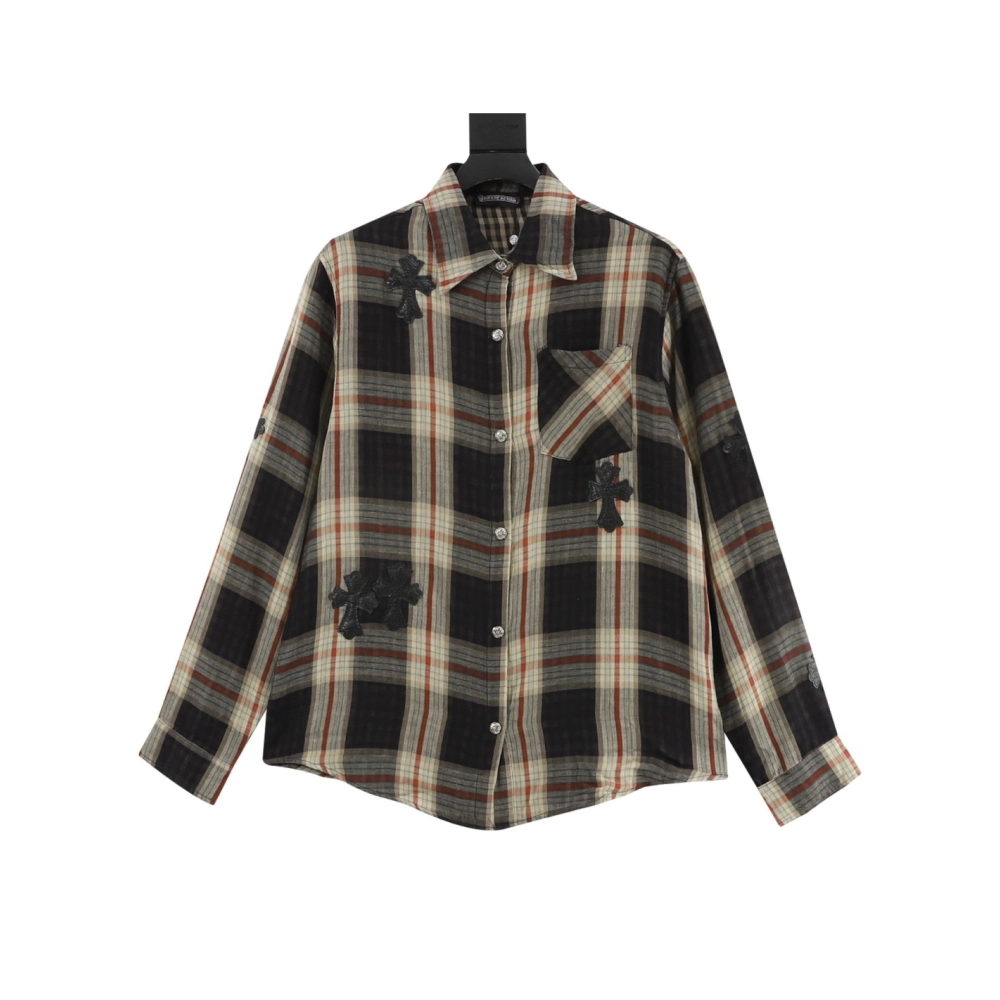 Chrome Hearts Leather Patch Plaid Long Sleeve Shirt 204