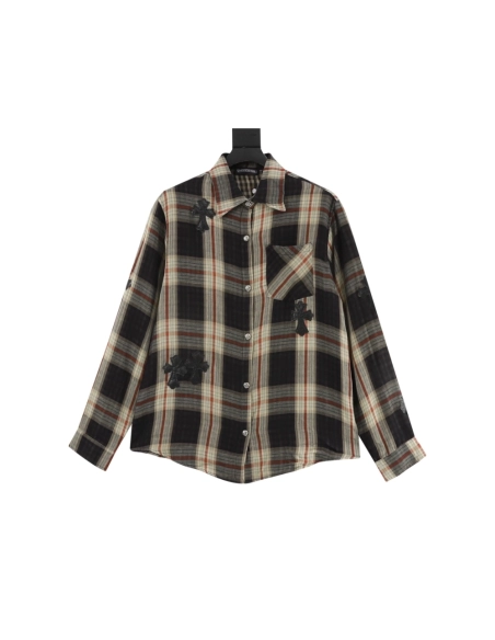 Chrome Hearts Leather Patch Plaid Long Sleeve Shirt 204