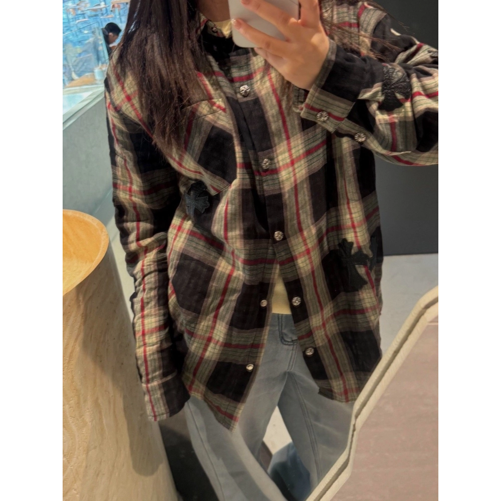 Chrome Hearts Leather Patch Plaid Long Sleeve Shirt 204