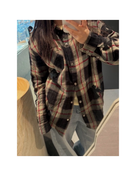Chrome Hearts Leather Patch Plaid Long Sleeve Shirt 204