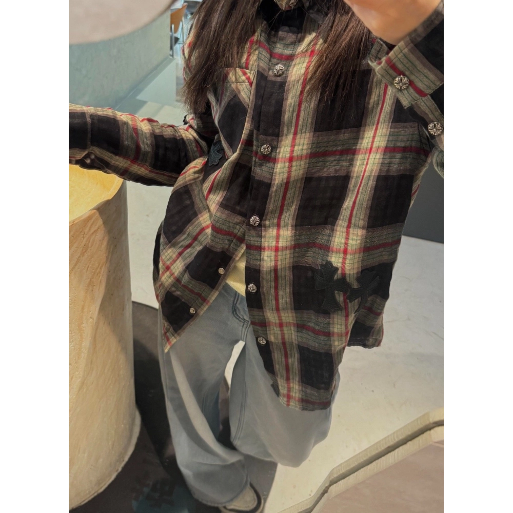 Chrome Hearts Leather Patch Plaid Long Sleeve Shirt 204