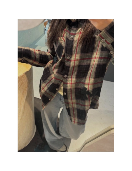 Chrome Hearts Leather Patch Plaid Long Sleeve Shirt 204