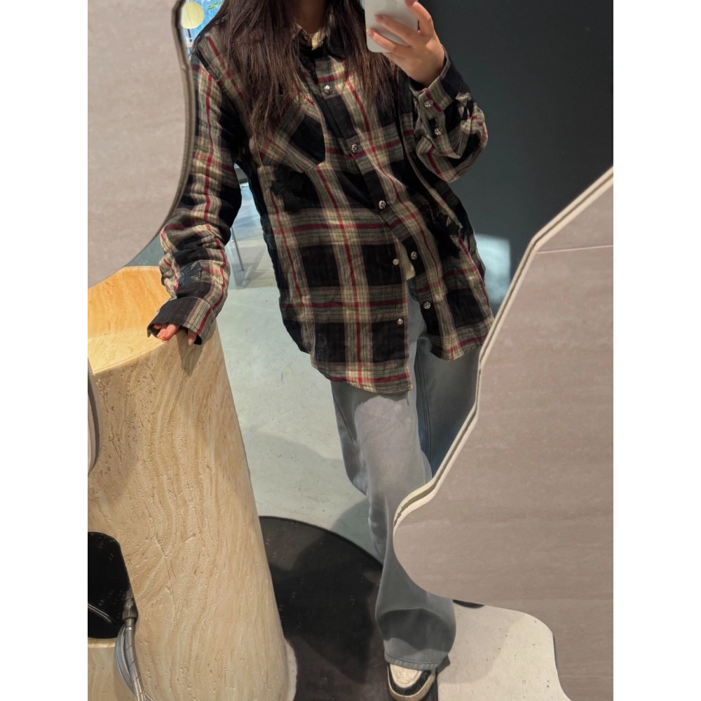 Chrome Hearts Leather Patch Plaid Long Sleeve Shirt 204