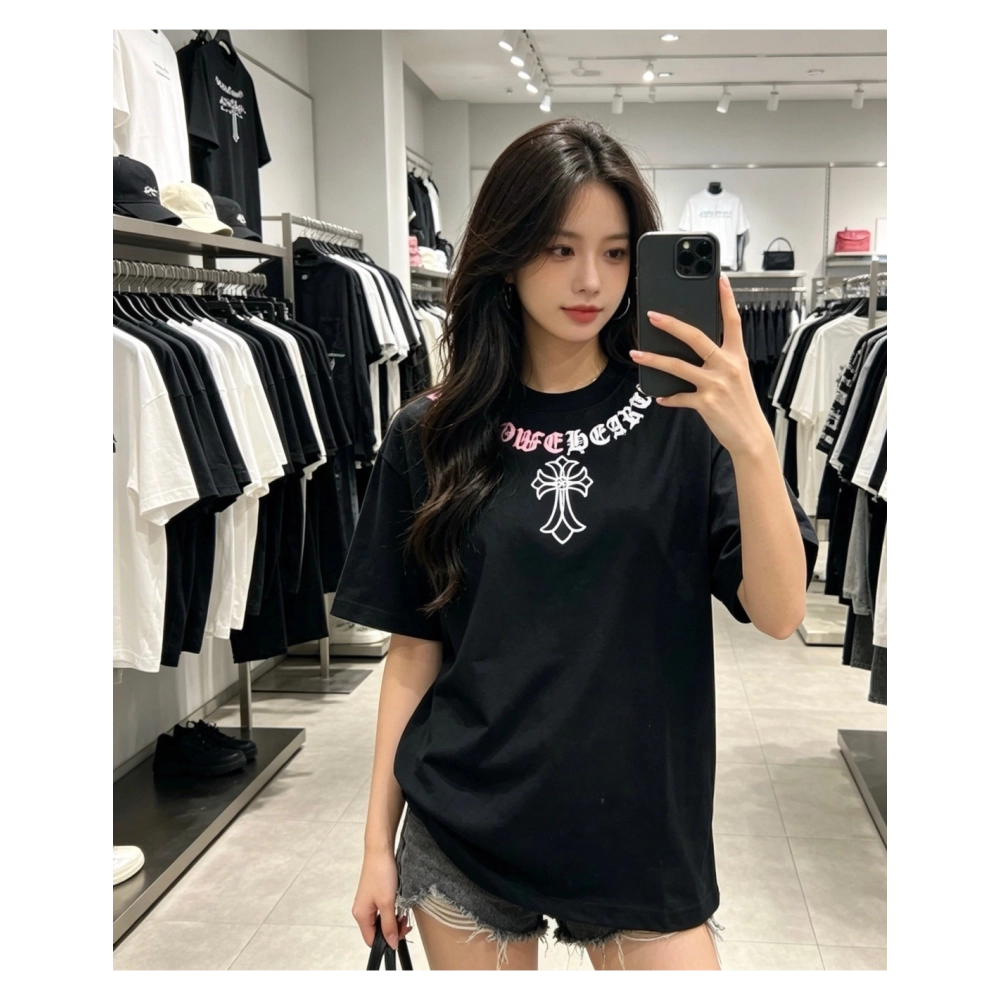 Chrome Hearts Color-Block Gothic Letter Cross Necklace Short Sleeve 253