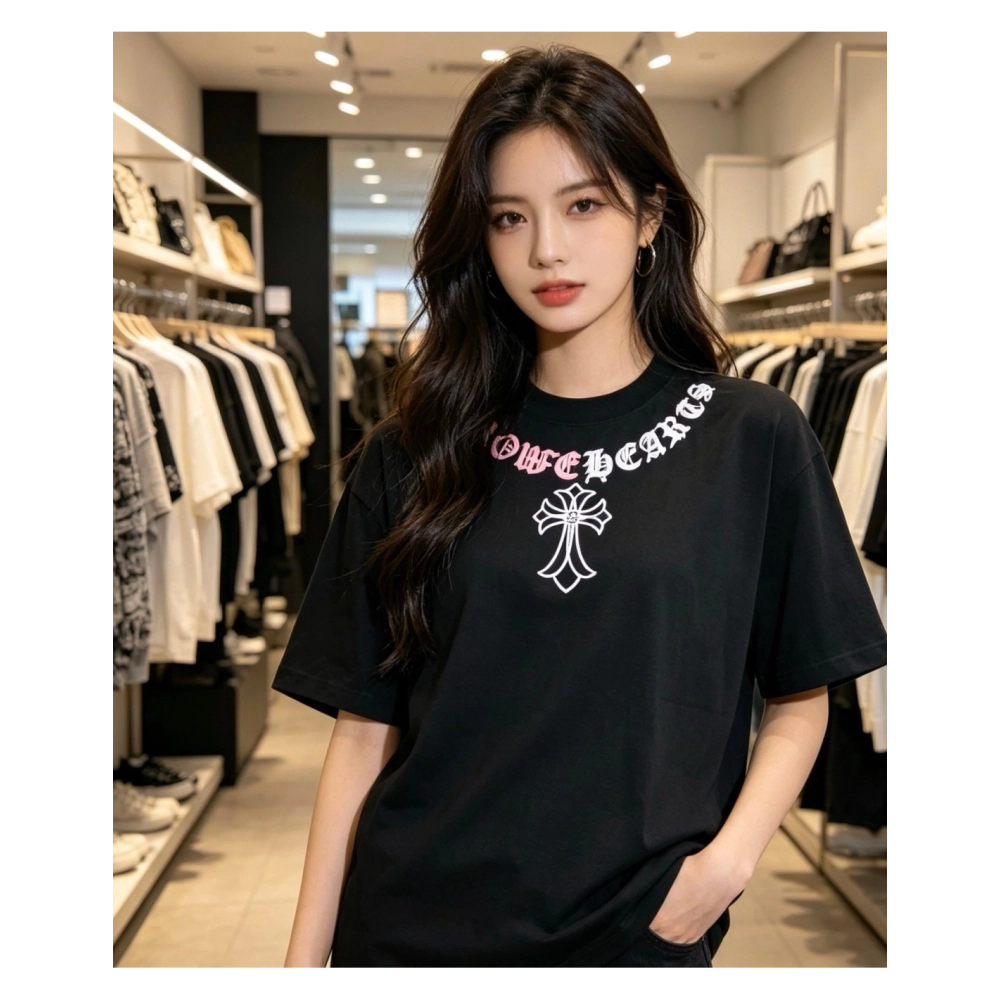 Chrome Hearts Color-Block Gothic Letter Cross Necklace Short Sleeve 253