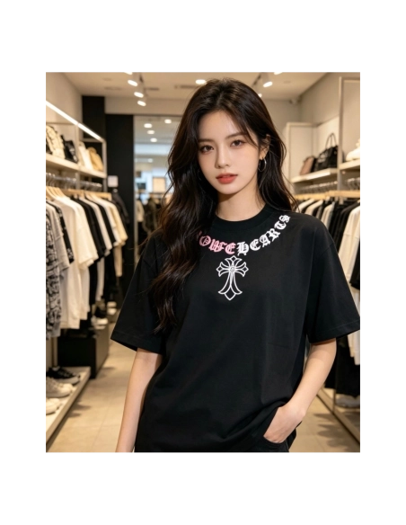Chrome Hearts Color-Block Gothic Letter Cross Necklace Short Sleeve 253