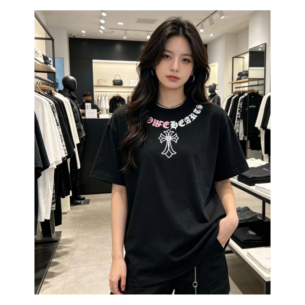 Chrome Hearts Color-Block Gothic Letter Cross Necklace Short Sleeve 253