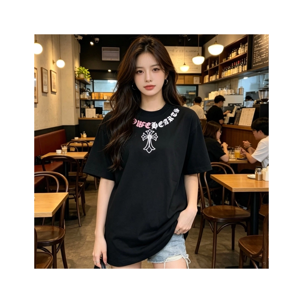 Chrome Hearts Color-Block Gothic Letter Cross Necklace Short Sleeve 253