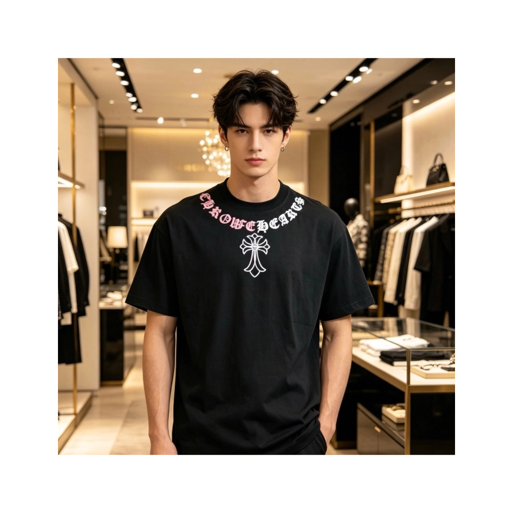 Chrome Hearts Color-Block Gothic Letter Cross Necklace Short Sleeve 253
