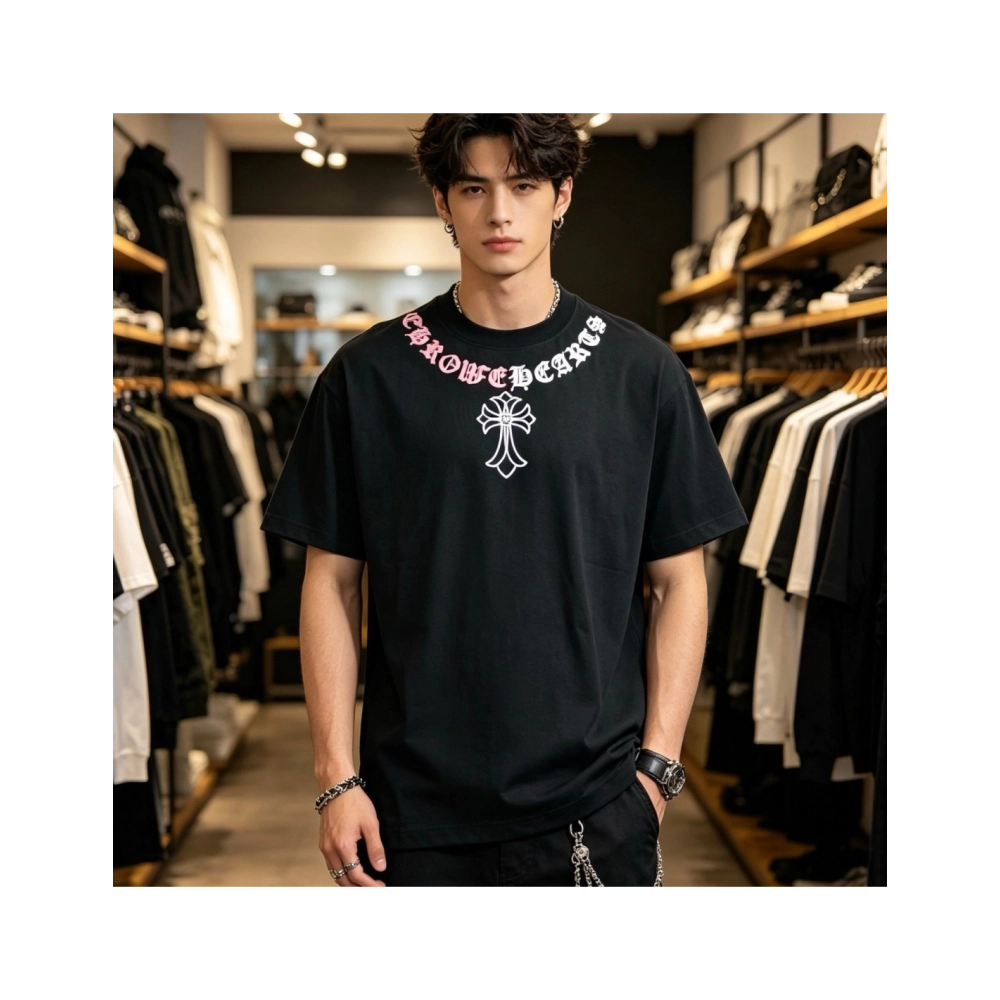Chrome Hearts Color-Block Gothic Letter Cross Necklace Short Sleeve 253