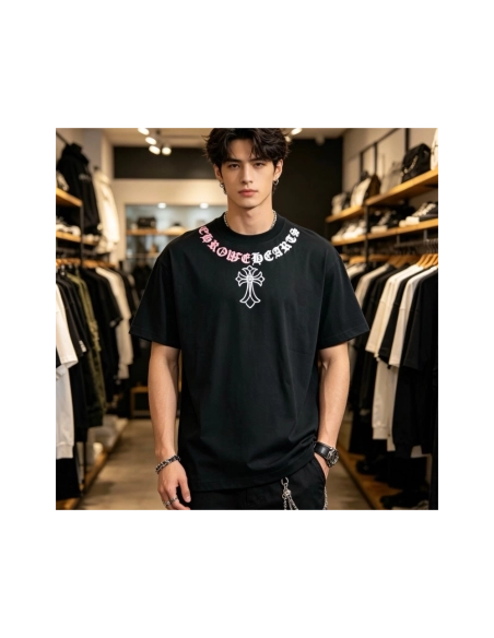 Chrome Hearts Color-Block Gothic Letter Cross Necklace Short Sleeve 253