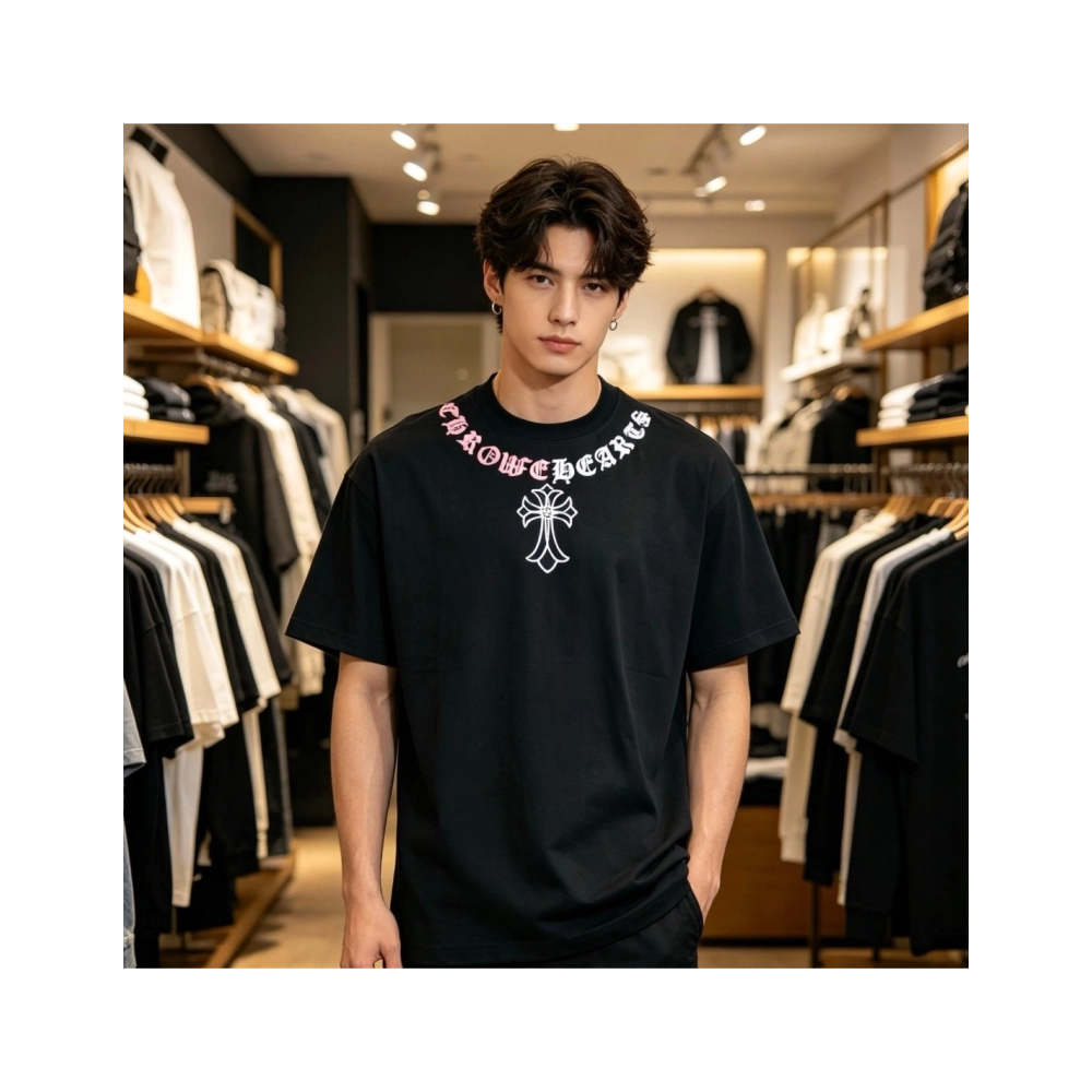 Chrome Hearts Color-Block Gothic Letter Cross Necklace Short Sleeve 253