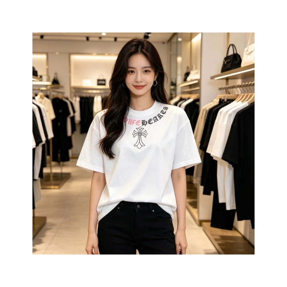 Chrome Hearts Color-Block Gothic Letter Cross Necklace Short Sleeve 254
