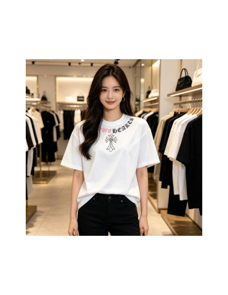 Chrome Hearts Color-Block Gothic Letter Cross Necklace Short Sleeve 254