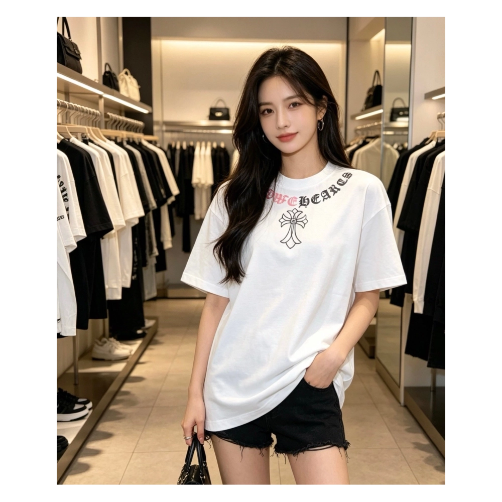 Chrome Hearts Color-Block Gothic Letter Cross Necklace Short Sleeve 254