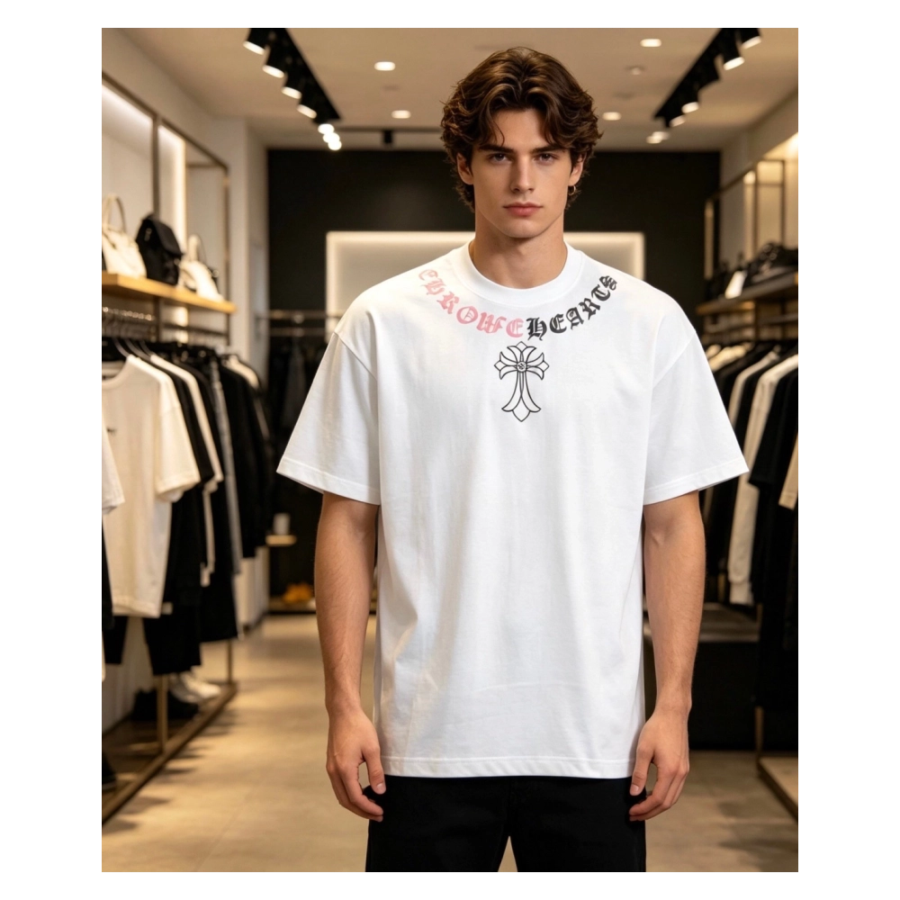 Chrome Hearts Color-Block Gothic Letter Cross Necklace Short Sleeve 254