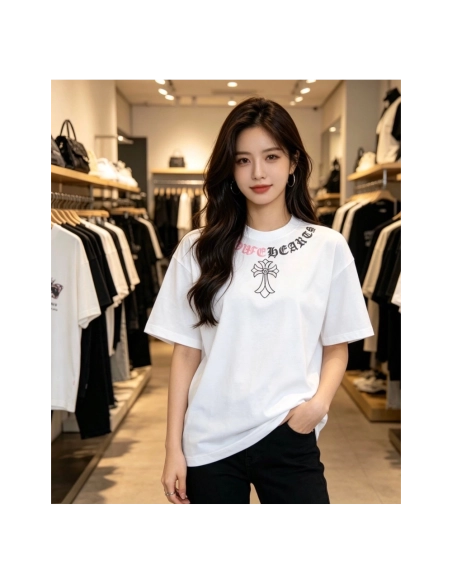 Chrome Hearts Color-Block Gothic Letter Cross Necklace Short Sleeve 254