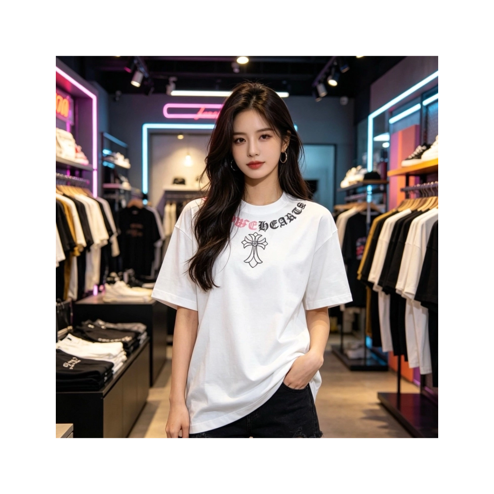 Chrome Hearts Color-Block Gothic Letter Cross Necklace Short Sleeve 254