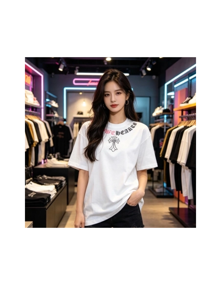 Chrome Hearts Color-Block Gothic Letter Cross Necklace Short Sleeve 254