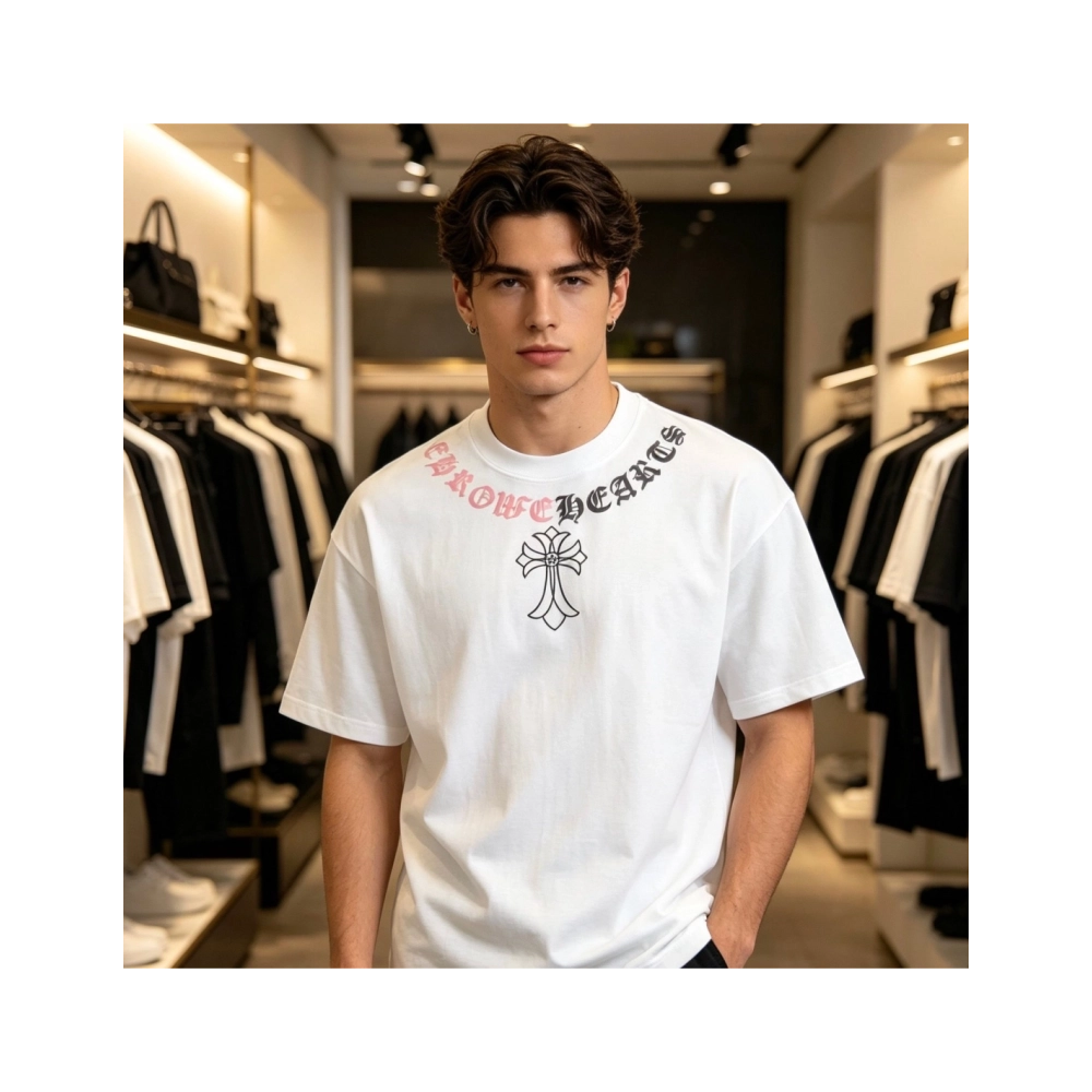 Chrome Hearts Color-Block Gothic Letter Cross Necklace Short Sleeve 254