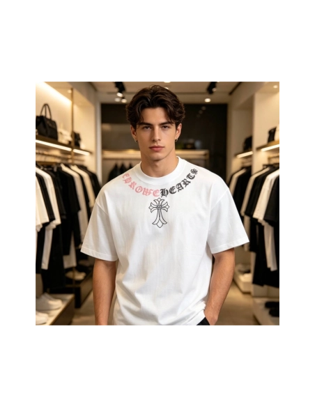 Chrome Hearts Color-Block Gothic Letter Cross Necklace Short Sleeve 254