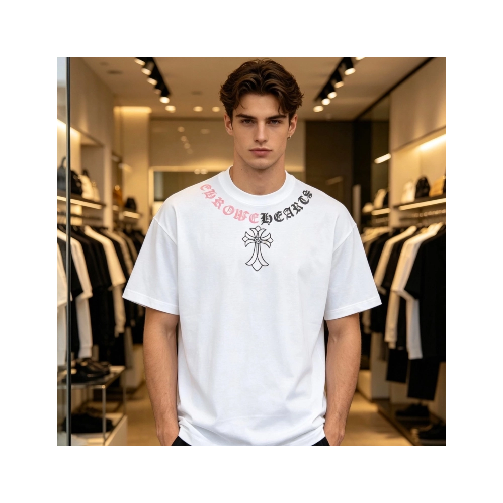 Chrome Hearts Color-Block Gothic Letter Cross Necklace Short Sleeve 254