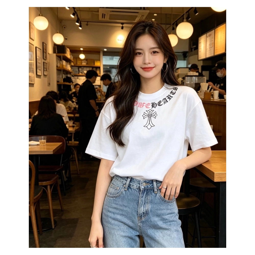 Chrome Hearts Color-Block Gothic Letter Cross Necklace Short Sleeve 254