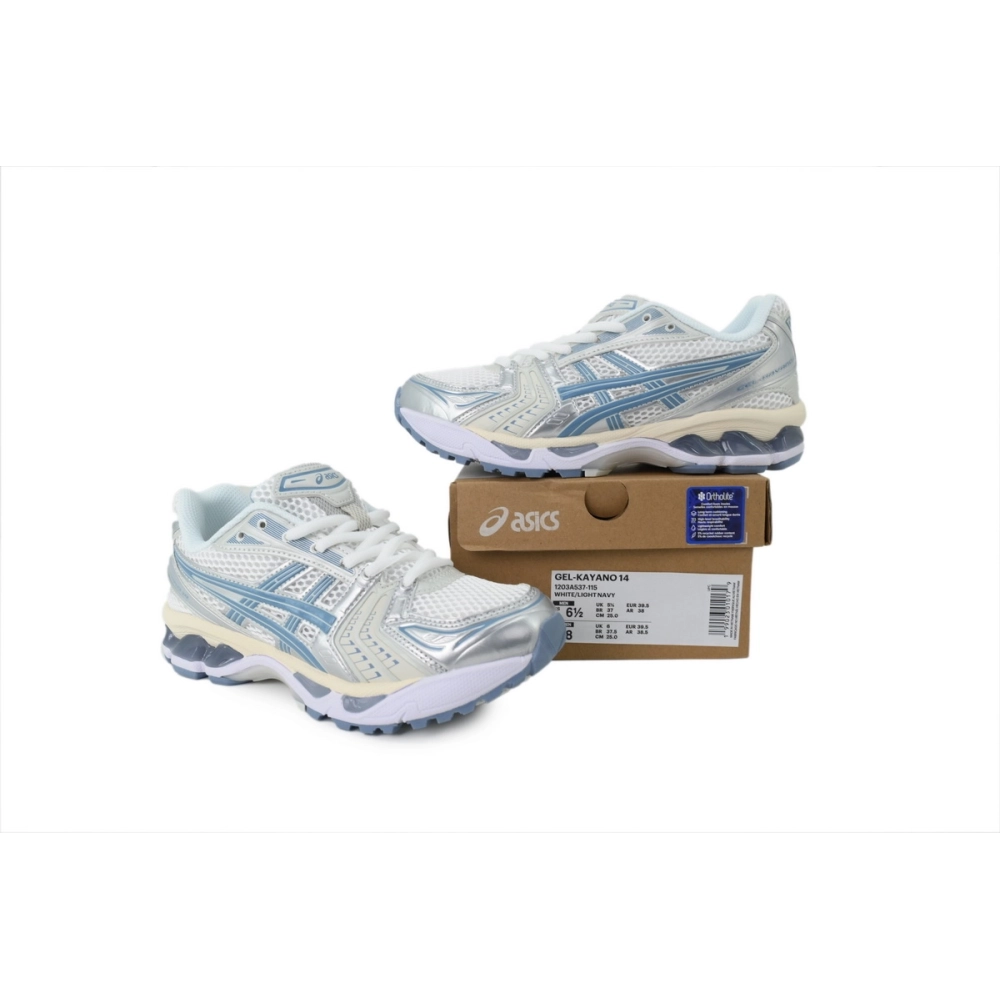premium reps ASICS Gel-Kayano 14 White Light Navy 1203A537-115 sneakers at Shoes Official. Shop iconic styles from top brands