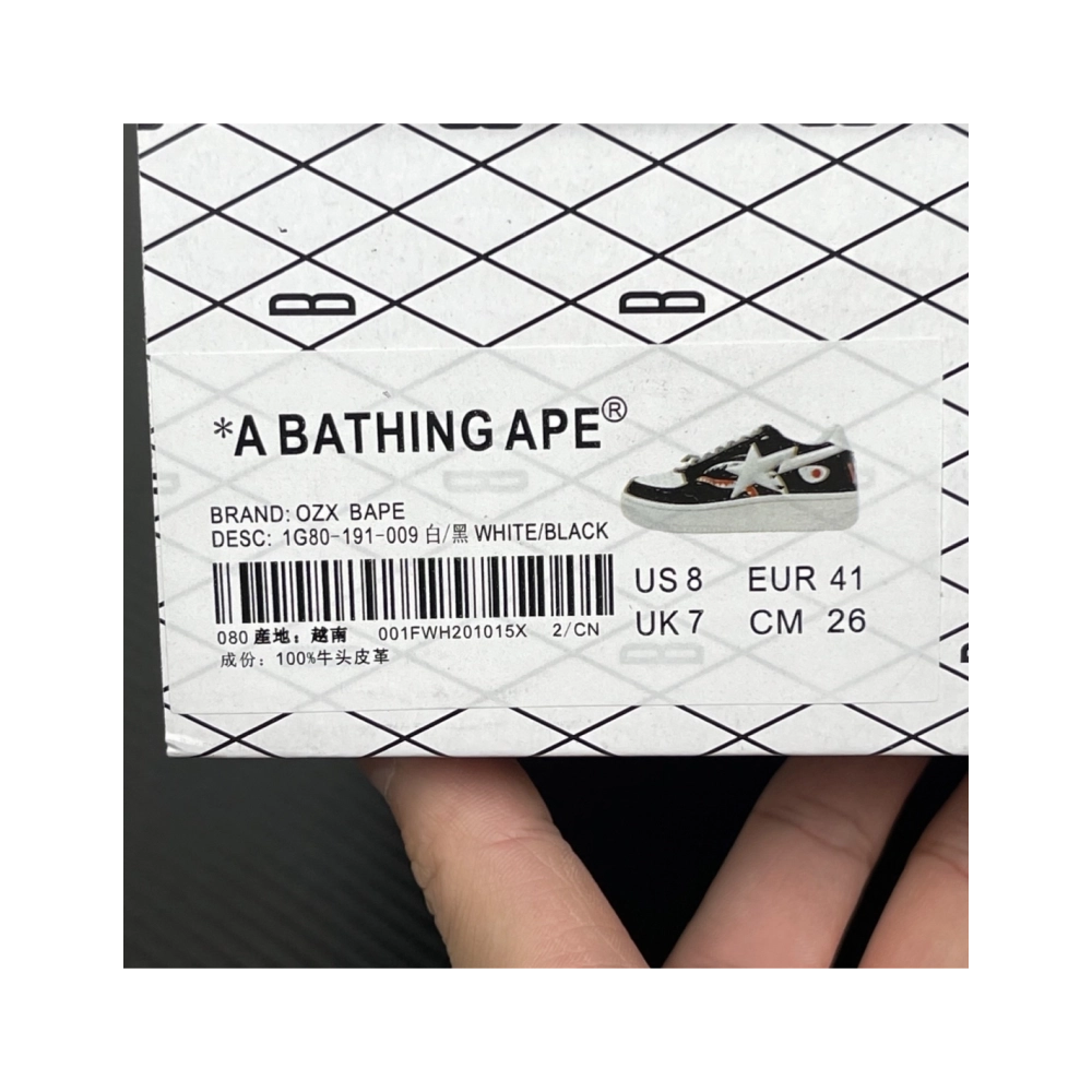 A Bathing Ape BAPE Bapesta Low Shark - White / Black 1G80-191-009 , Premium SneakersStreetwear , Worldwide Shipping