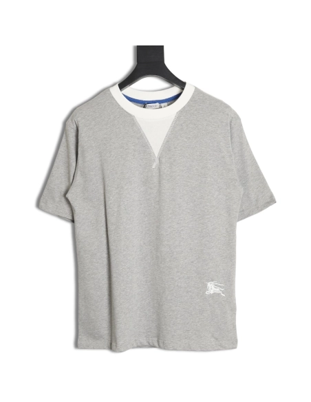 Burberry V-neck stitching round fake two-piece hem warhorse short-sleeved T-shirt,All order with free shipping Burberry