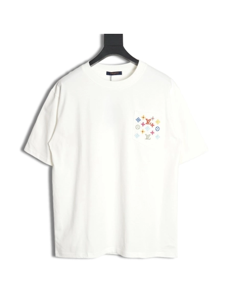 Reps Louis Vuitton Pocket Colorful Presbyopia Colorful Embroidered Short Sleeve T-Shirt,All order with free shipping Reps Louis 