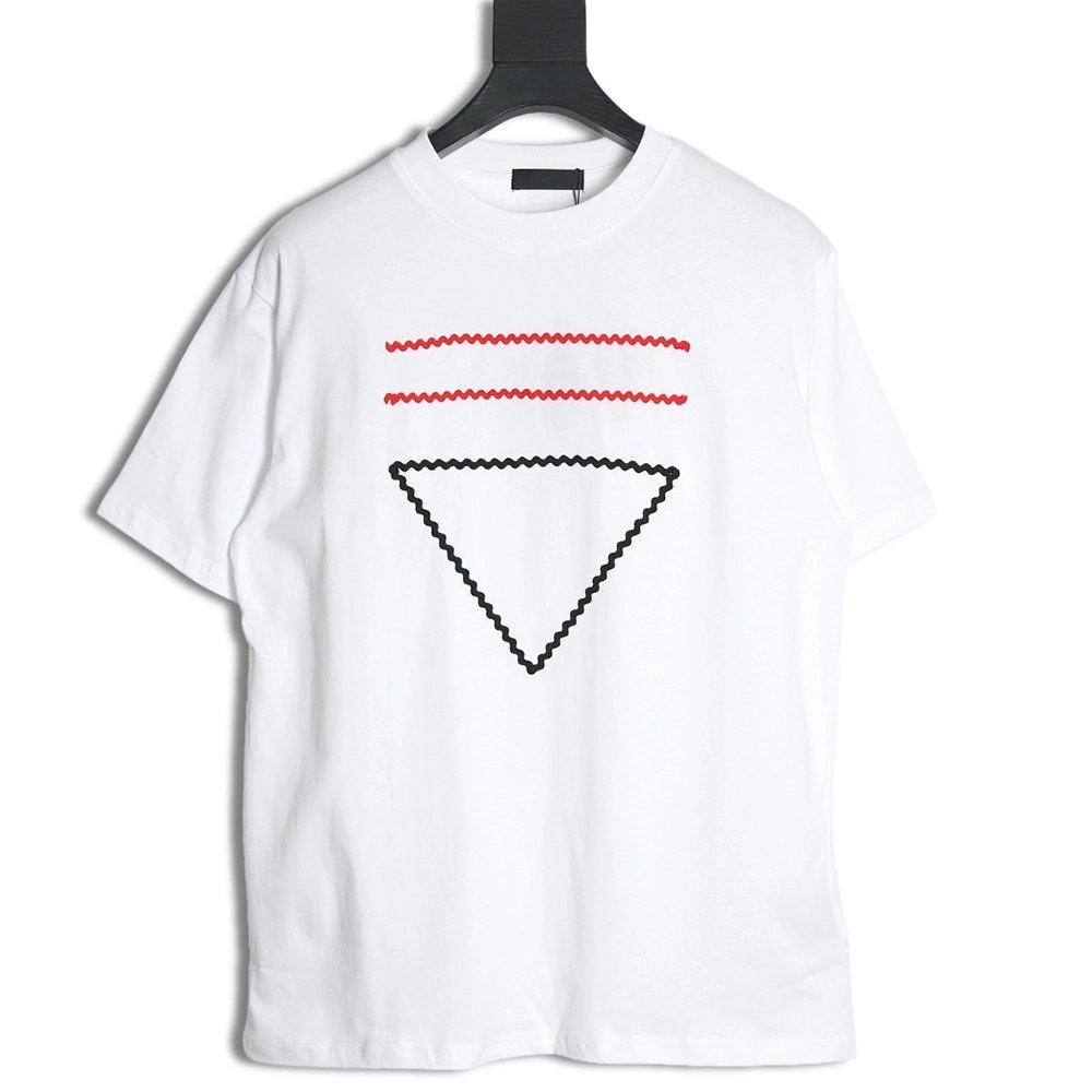 Prada wavy line triangle embroidered short-sleeved T-shirt,All order with free shipping Prada