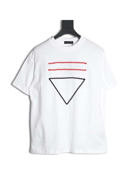 Prada wavy line triangle embroidered short-sleeved T-shirt,All order with free shipping Prada